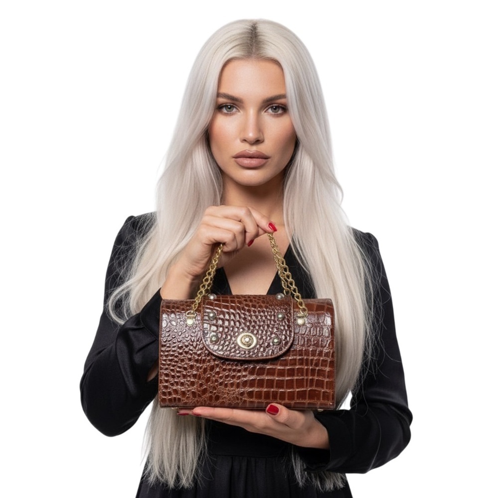 VINTAGE BROWN CROCODILE EMBOSSED CHAIN HAND BAG WOMAN